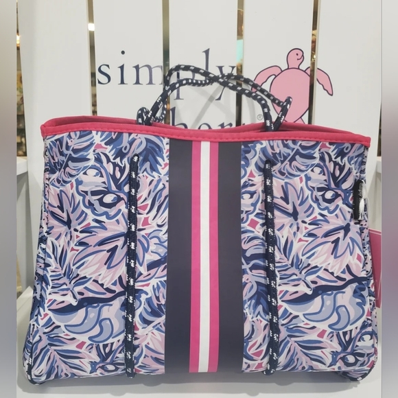 Simply Southern In Leaf Print Multicolored Pink and Blue Neoprene Tote EUC - Picture 2 of 16